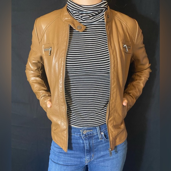 ONLY Brand faux leather biker jacket lined women’s Carmel colour - Picture 2 of 15